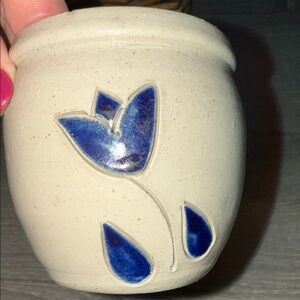 80s Salt Glaze PLANTER Pot Williamsburg Pottery Light Gray with Cobalt Blue Leaf